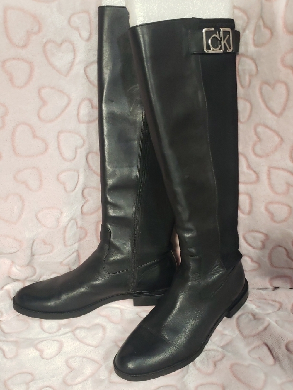 Calvin Klein Black Over-The-Knee Leather Boots with CK Logo